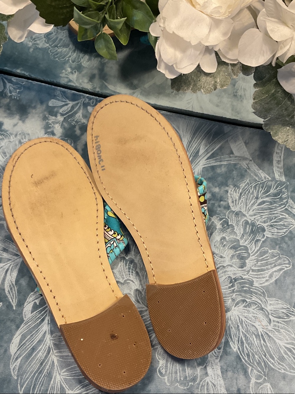 Jack Rogers Turquoise Floral Pattern Leather Thong Sandals - Picture 6 of 6